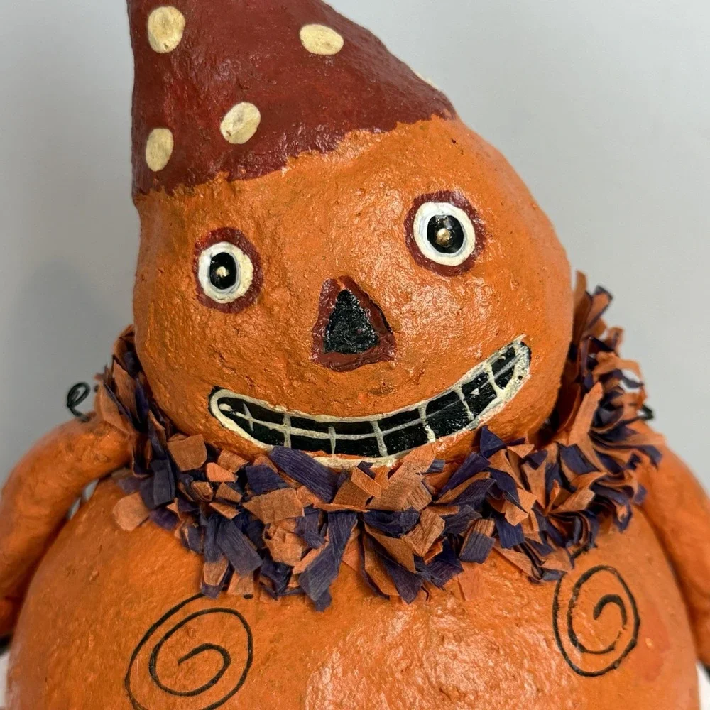 Primitive Folk Art Paper Mache Pumpkin Halloween Shelf Sitter Figure Retro